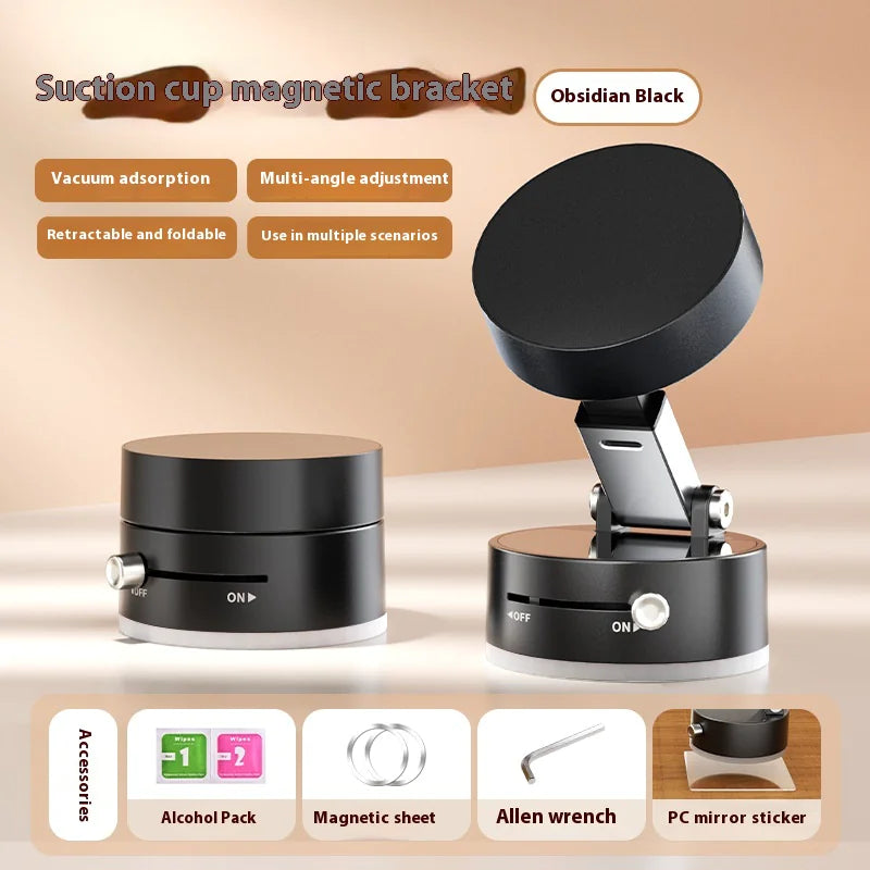 A black foldable magnetic vacuum car phone holder with an adjustable mount on a dashboard.