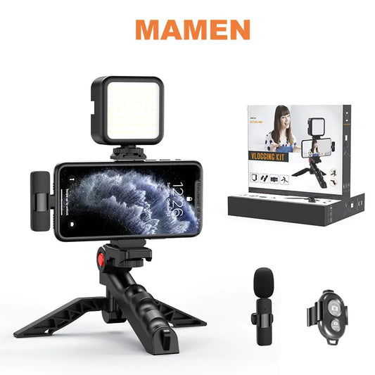 Vlogging kit with phone holder, light, microphone, and stand on a white background with 'MAMEN' branding.