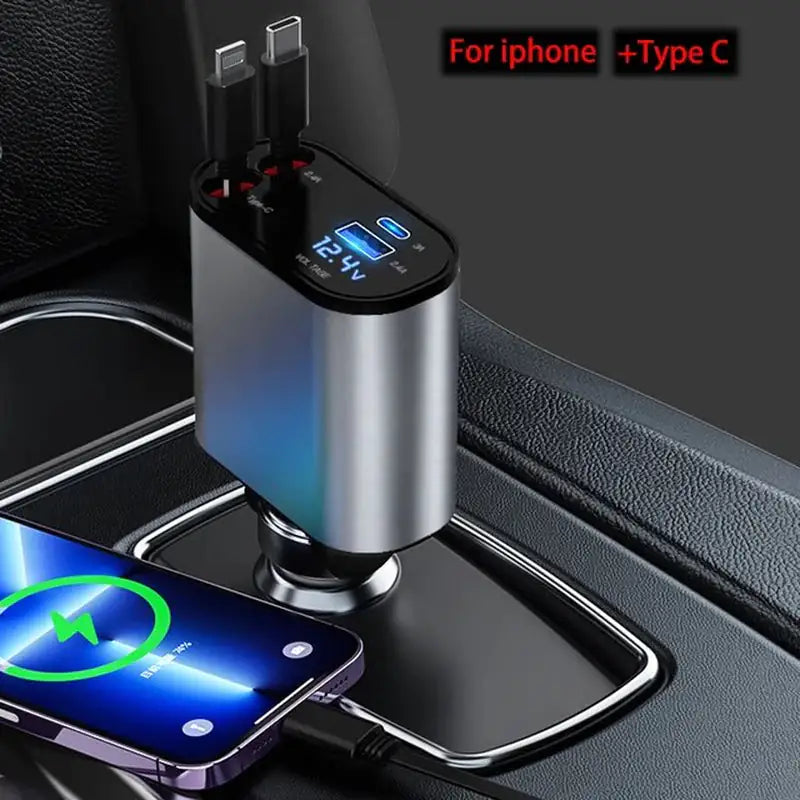 A retractable car charger with a digital display showing the charging status, plugged into a smartphone which is placed on the charging port, with a USB Type-C cable attached to the charger.