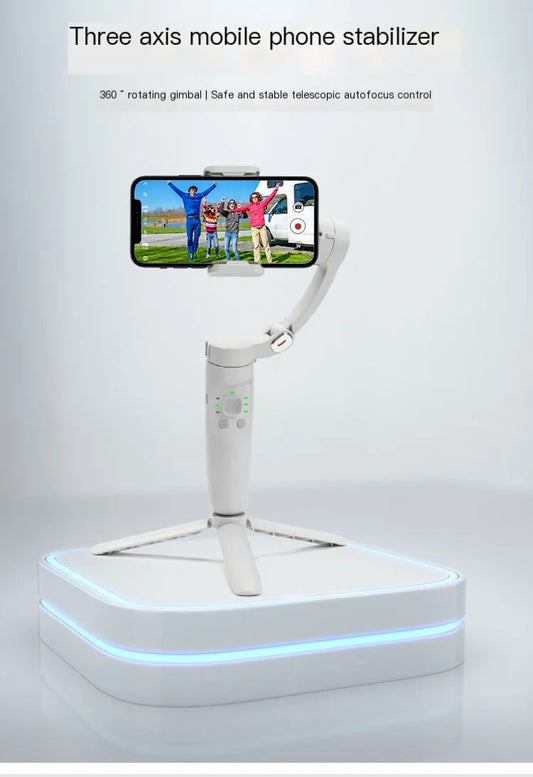 Three axis mobile phone stabilizer with smartphone displaying a video on a white background