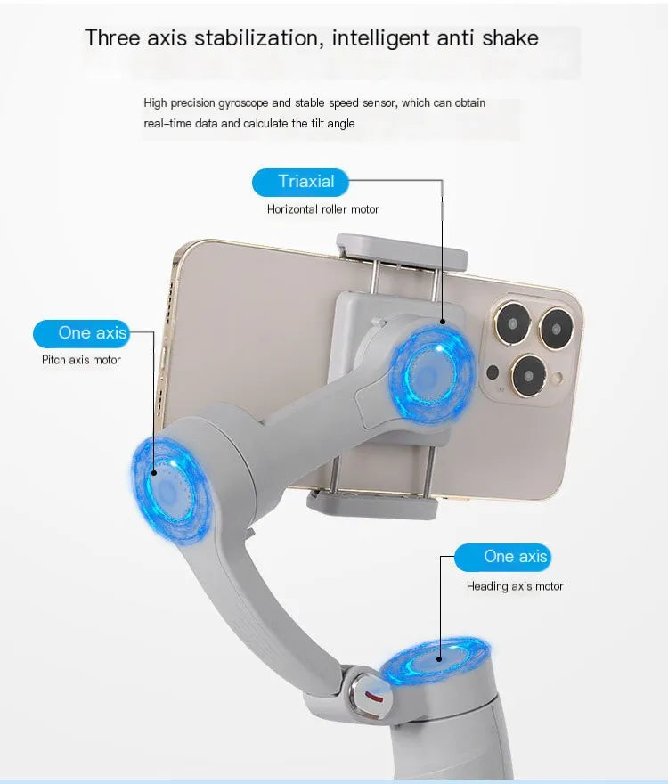 Phone stabilizer with three-axis stabilization and intelligent anti-shake technology on a white background.