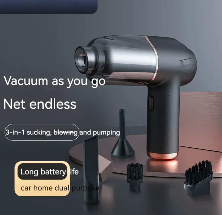 A cordless handheld vacuum cleaner in black color with a crevice nozzle and a brush attachment, highlighting its 3-in-1 functionality for sucking, blowing, and pumping, and long battery life for car and home use.
