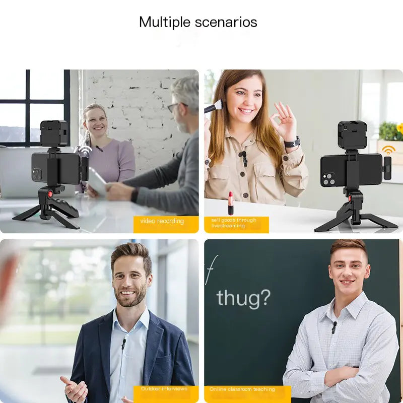 Collage of various scenarios using a smartphone on a tripod, including video recording and presentation.