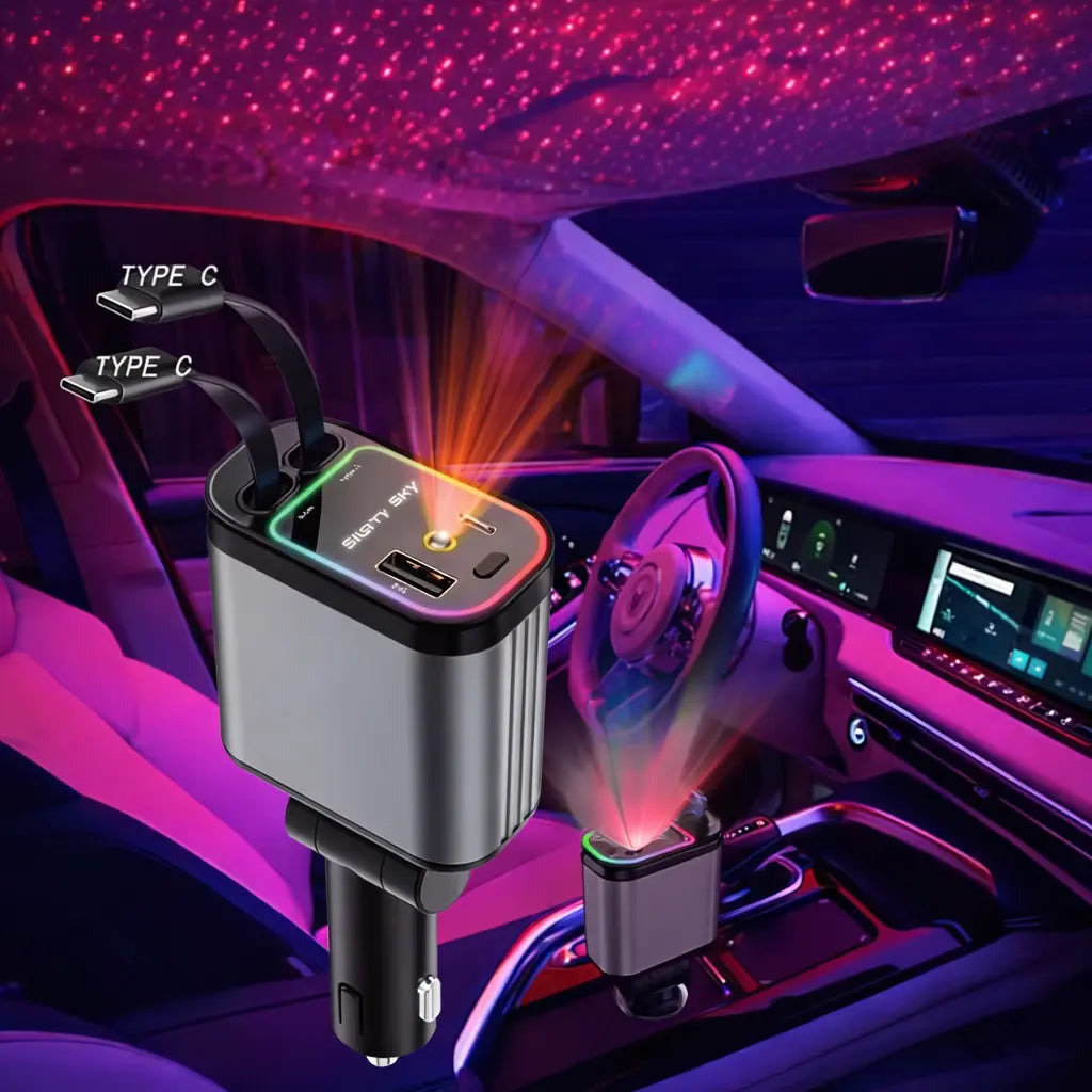 Car charger with multiple ports in a car interior with starlight effect