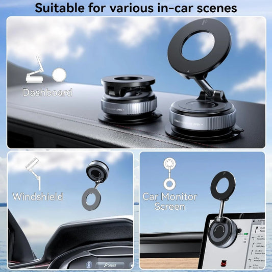 Car mount with suction cups for dashboard, windshield, and car monitor screen use.