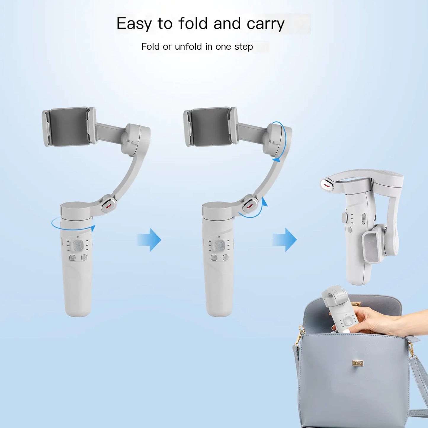 Handheld device with a folding mechanism, shown being folded and placed into a bag.