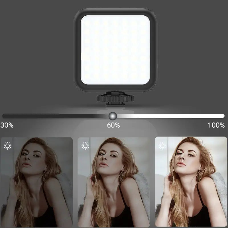 LED video light with control panel and before/after effect on a woman's portrait.