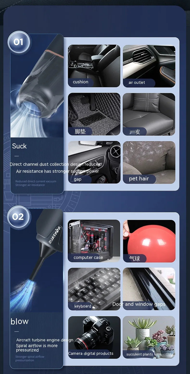 3 in 1 Car Mini Wireless Handheld Portable Vacuum Cleaner