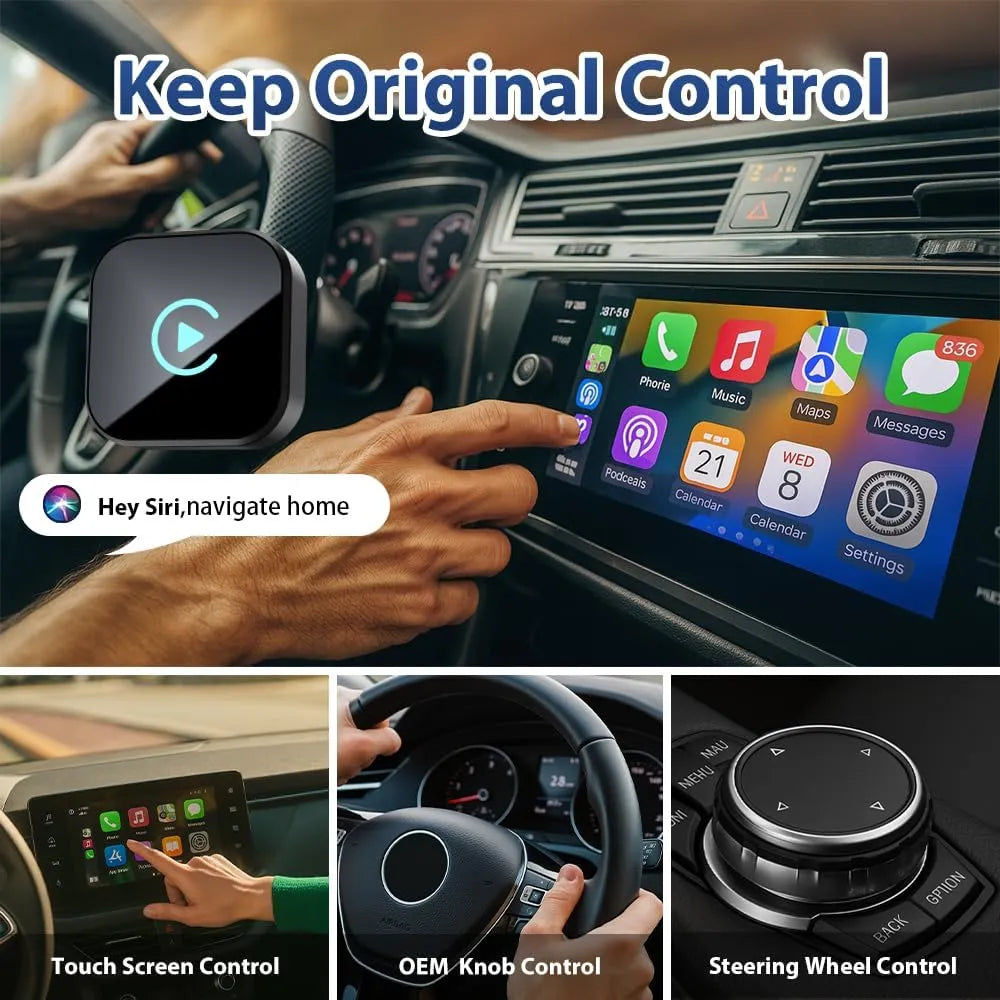 Car dashboard with touch screen control, OEM knob control, and steering wheel control options.