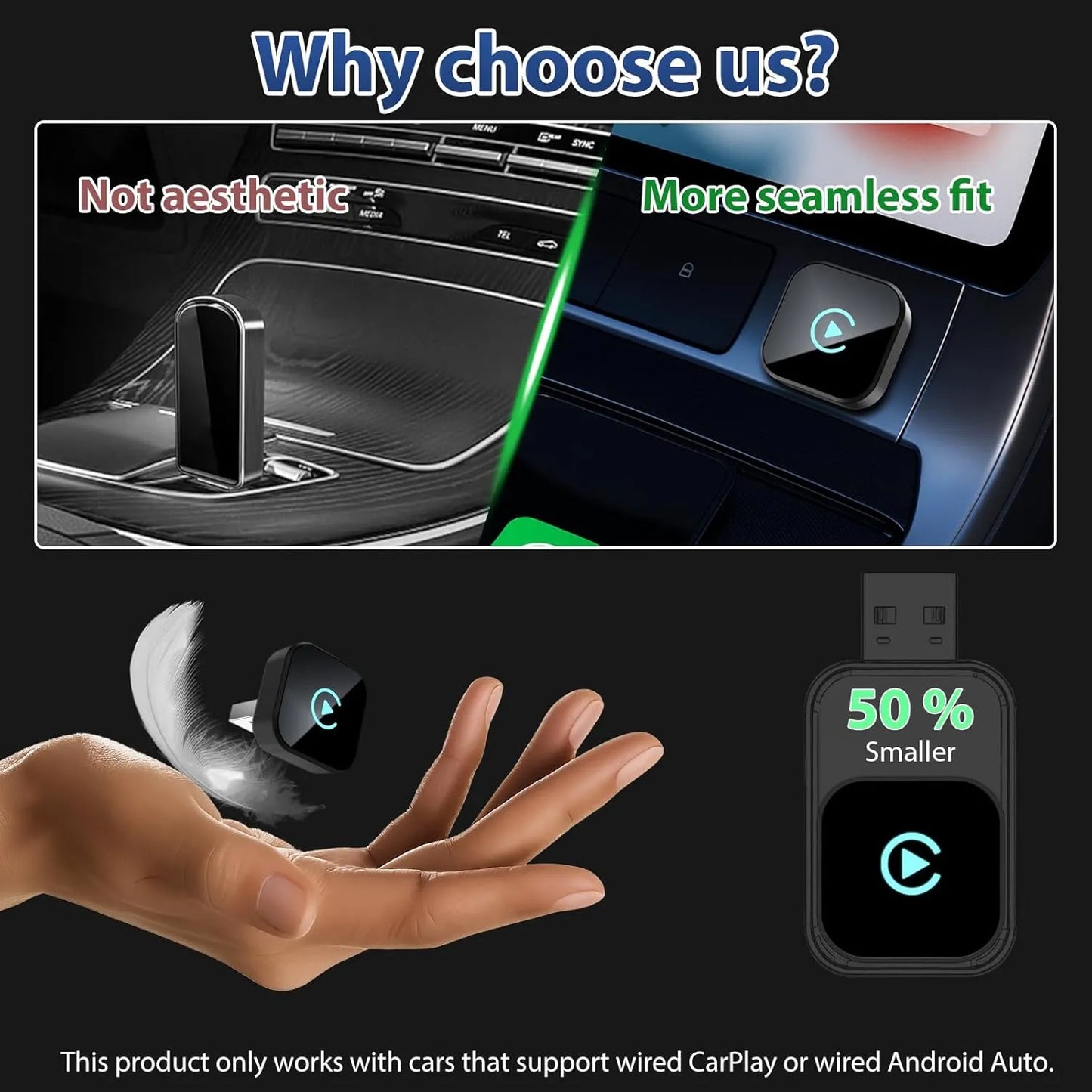 Product comparison of a car interface with text highlighting 'Not aesthetic' vs 'More seamless fit', '50% smaller' feature, and compatibility with CarPlay or Android Auto.