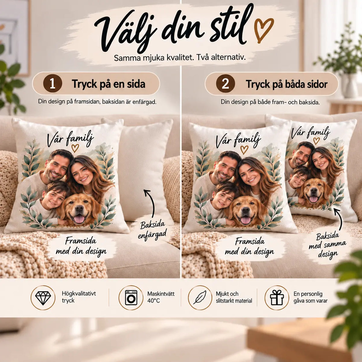 Personligt Kuddfodral med Egen Bild – Skapa Din Egen Design