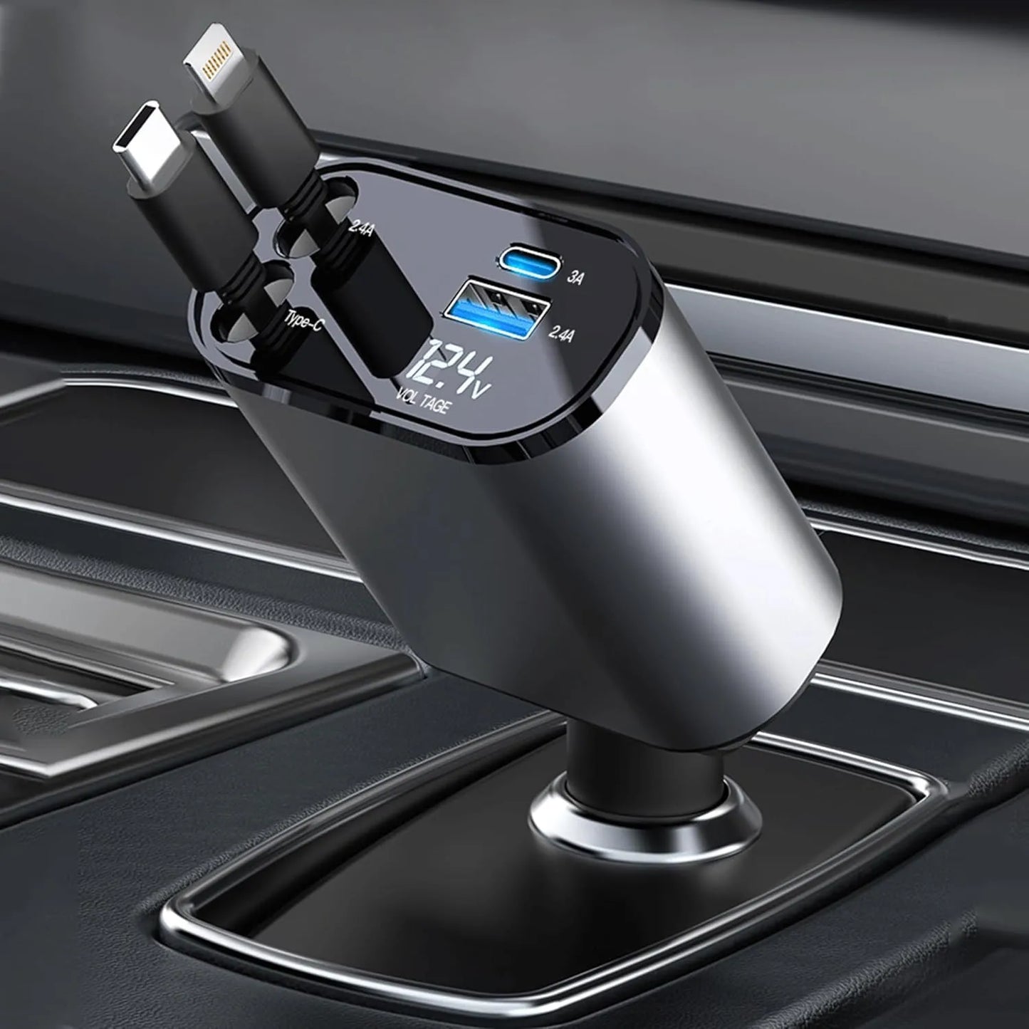 4_in_1  Car charger with multiple ports and a digital display on a car dashboard.