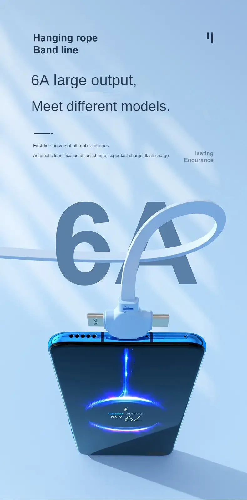 6A power adapter with hanging cable on a blue background