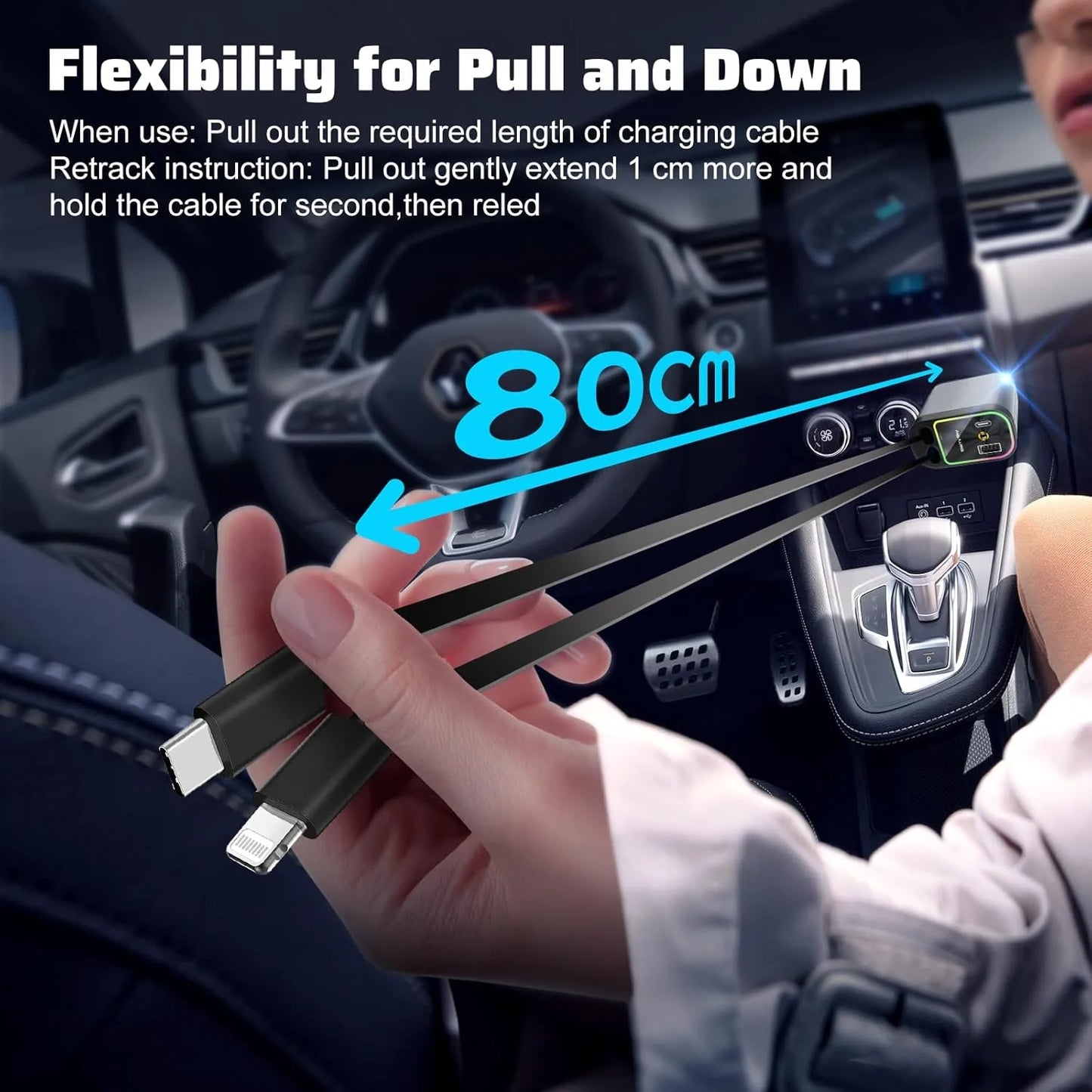 Person holding a charging cable with a 80cm measurement in a car interior.
