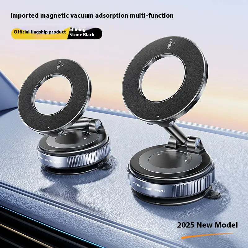 Two magnetic vacuum adsorption multi-function holders on a car dashboard  '2025 New Model' and 'Shinco'.