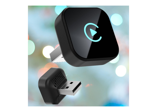 Black USB CarPlay adapter with a small square component on a colorful blurred background