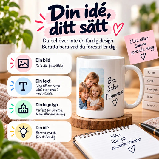 A promotional graphic for a customizable white ceramic mug. The main product is shown on a wooden coaster on a desk, printed with a photo of two children and the Swedish text 'Bra Saker Tillsammans'.