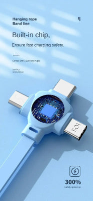 Multi-device charging cable with built-in chip on a blue background