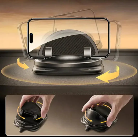 A collage of images showing a black GripMax Universal Car Phone Holder with a non-slip silicone pad. The holder is shown mounted on a dashboard, and there are close-up views of the suction cup mechanism.