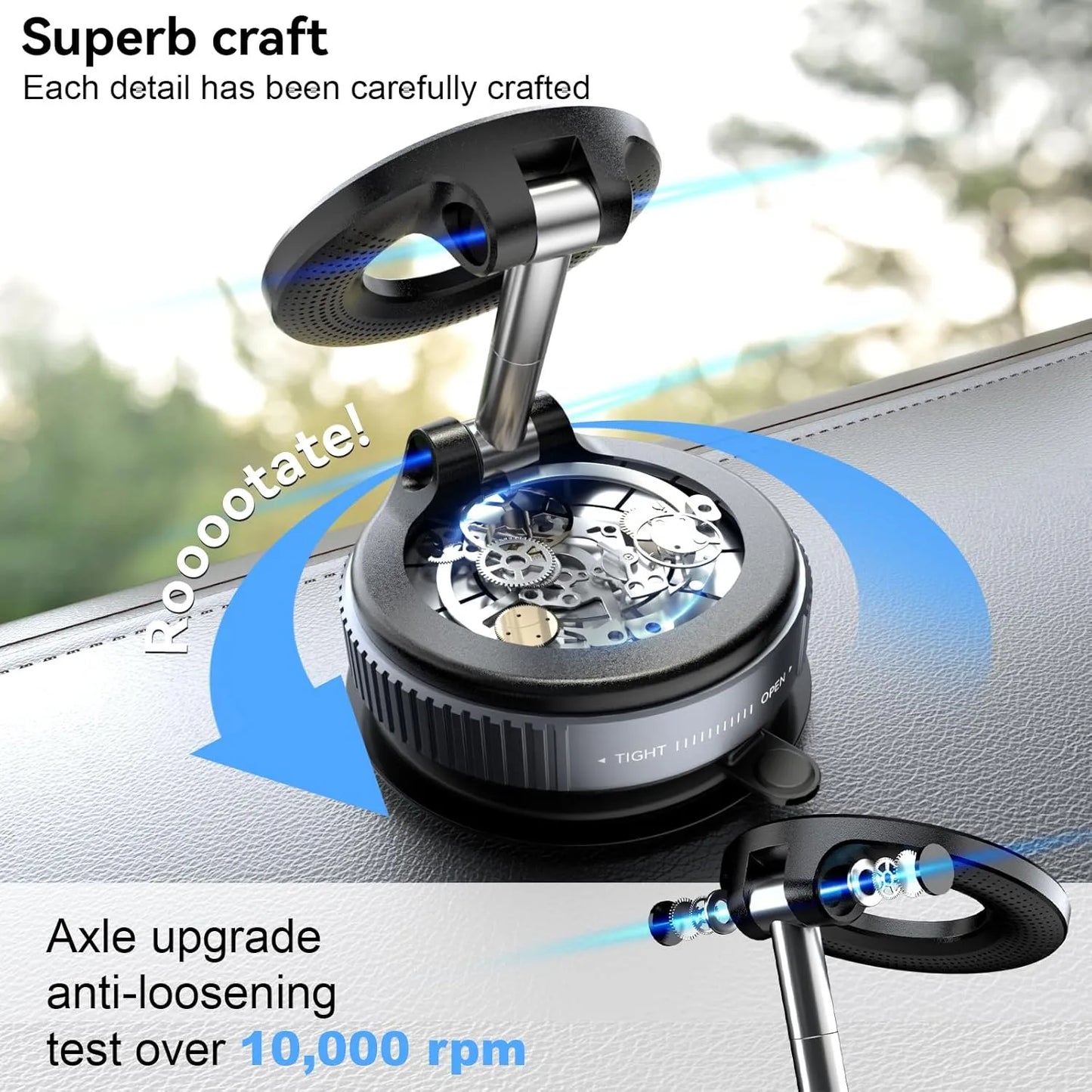 Close-up of a car mount with mechanical components on a car dashboard, highlighting its features.