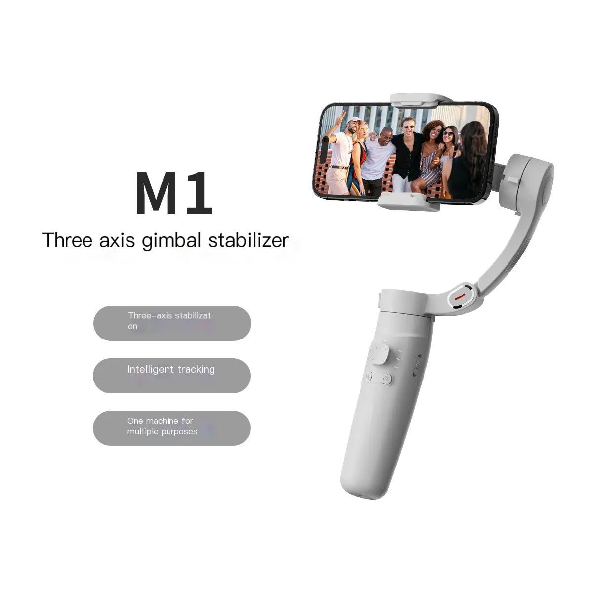 Three-axis gimbal stabilizer with smartphone attachment on a white background