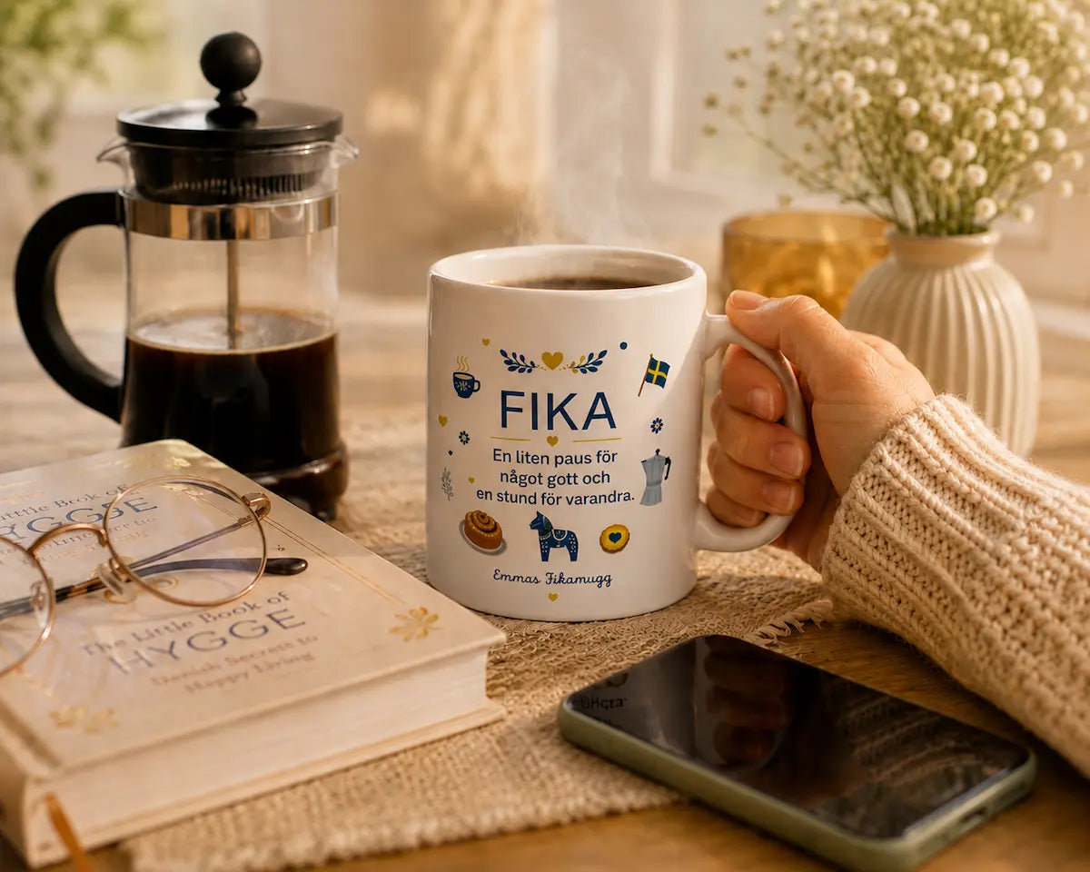 Person holding a mug with 'FIKA' text and illustrations on a table with coffee and books.