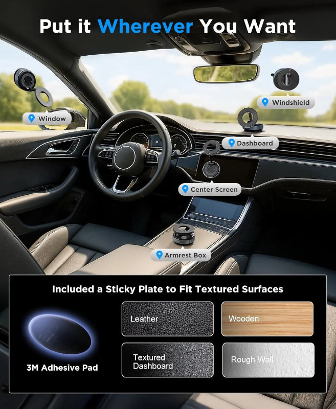 Car interior with adhesive pads for customization on various surfaces