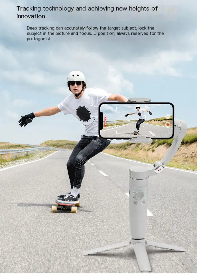 Person skateboarding on a road with a smartphone holder displaying a video feed.