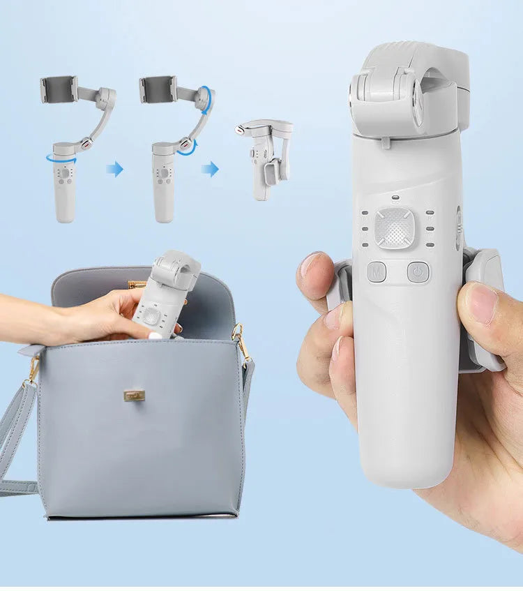 Handheld device with attachments, held by a person and placed in a bag on a light blue background