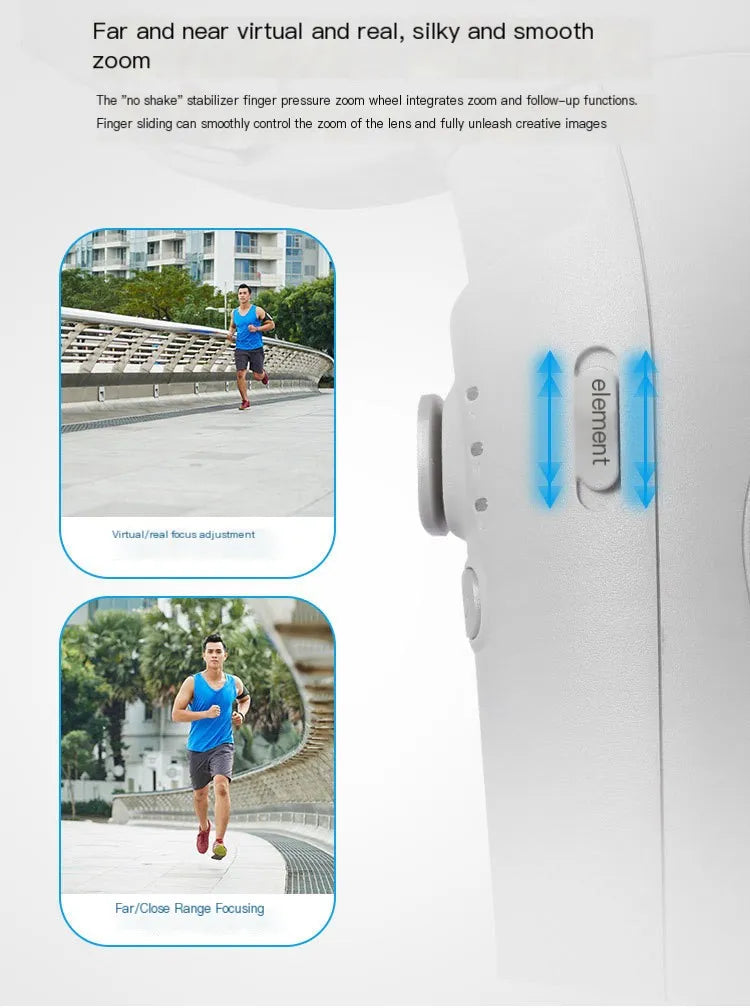 Camera lens with zoom control and images of a person running on a bridge.