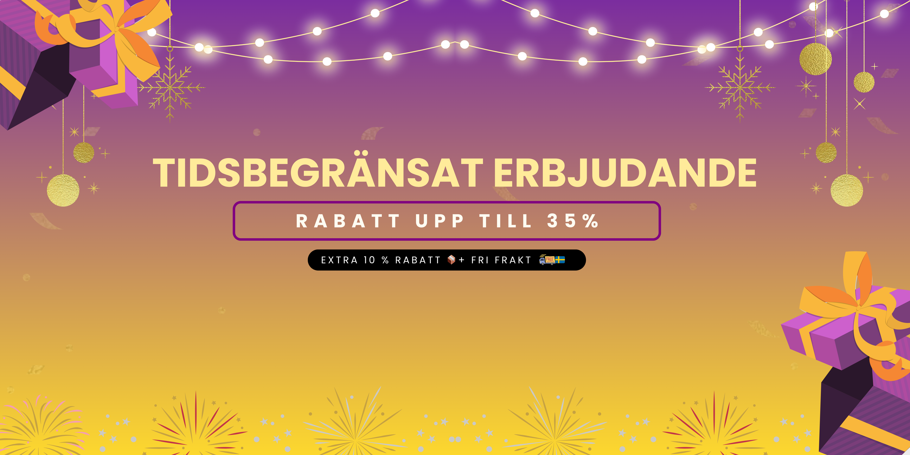 Promotional banner with purple and yellow colors, gift boxes, and decorative lights on a purple background.