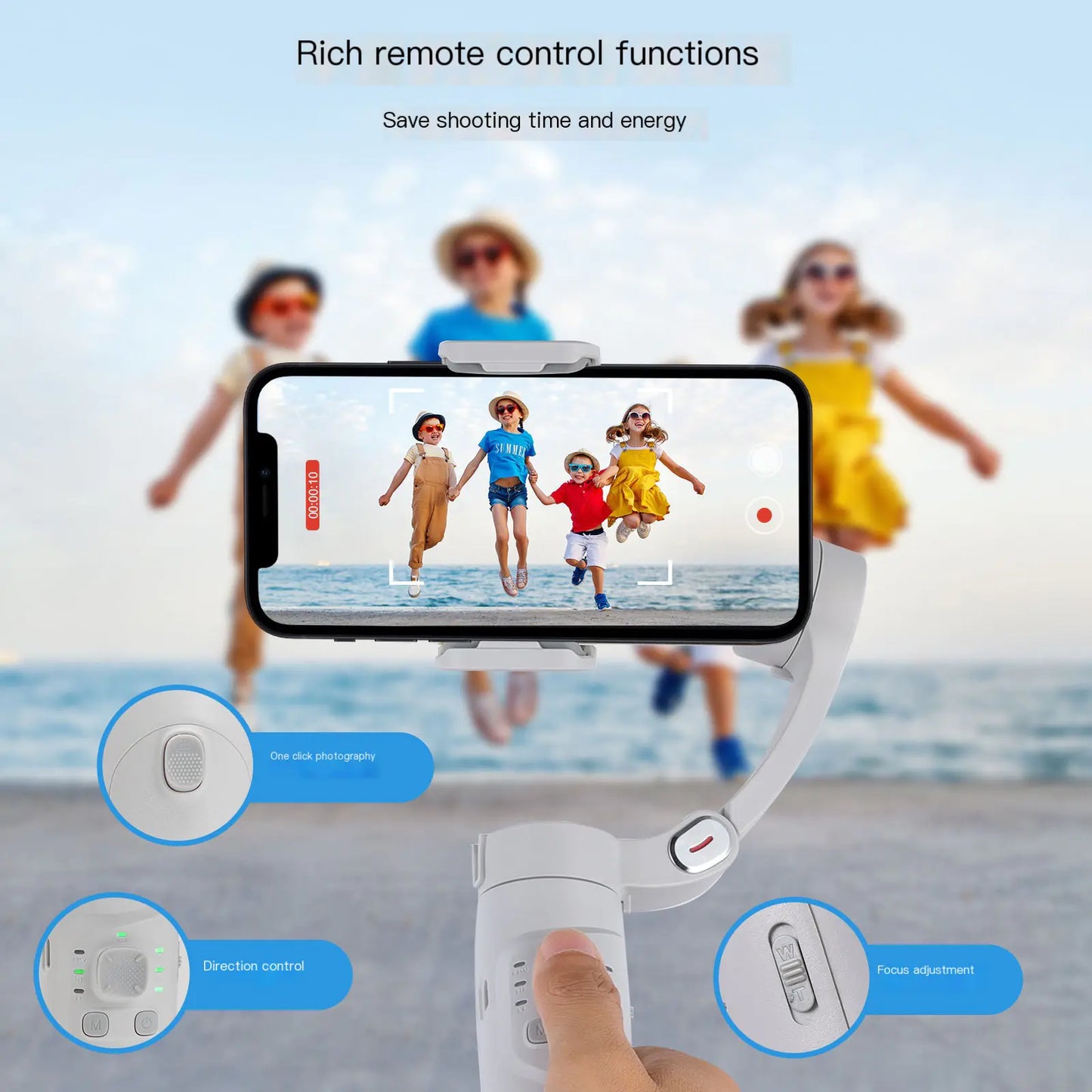 Smartphone held by a hand with a remote control app interface, showing a family at the beach.