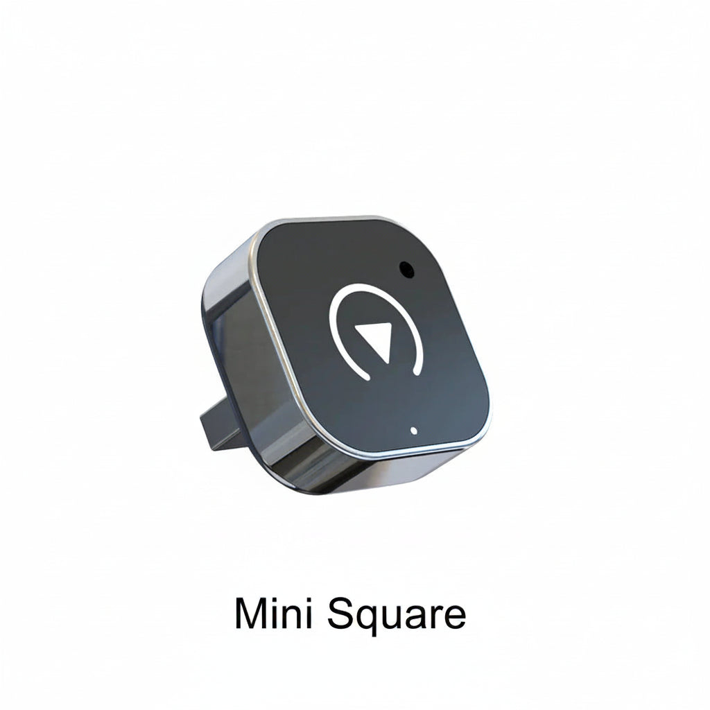 Black square sensor with a white logo on a white background