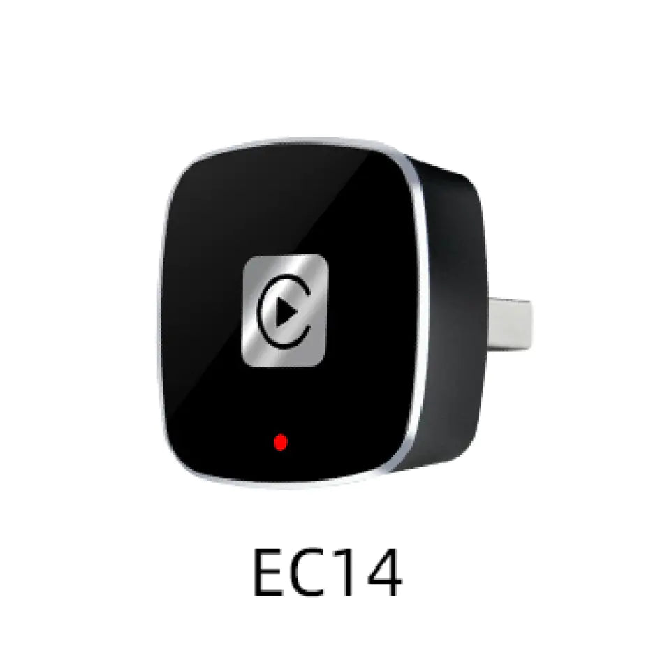 Black electronic device with a silver play symbol on a white background, labeled 'EC14'.