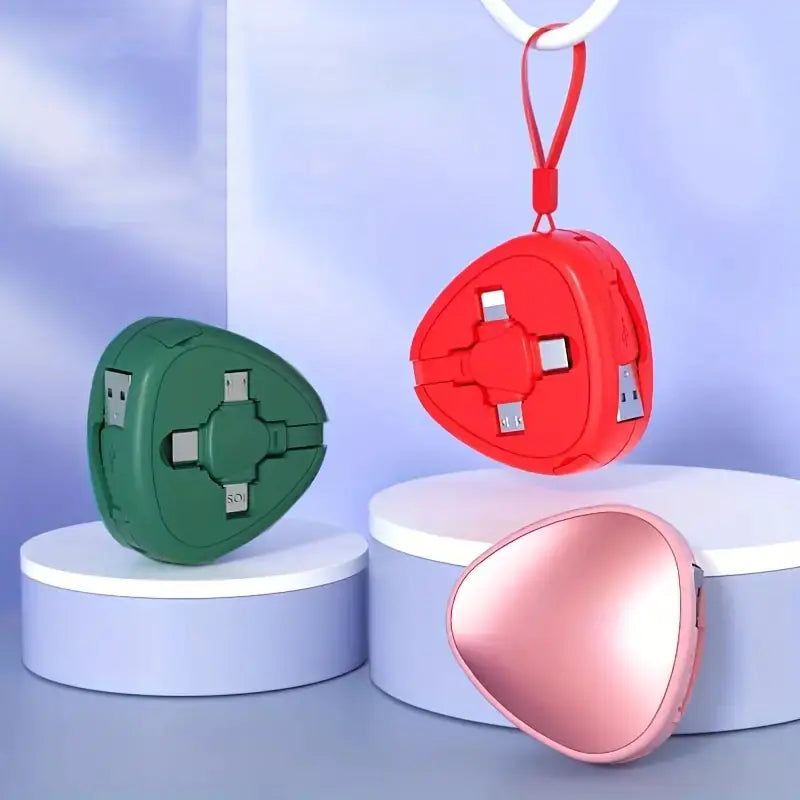 Three colorful circular devices on white stands with a blue gradient background