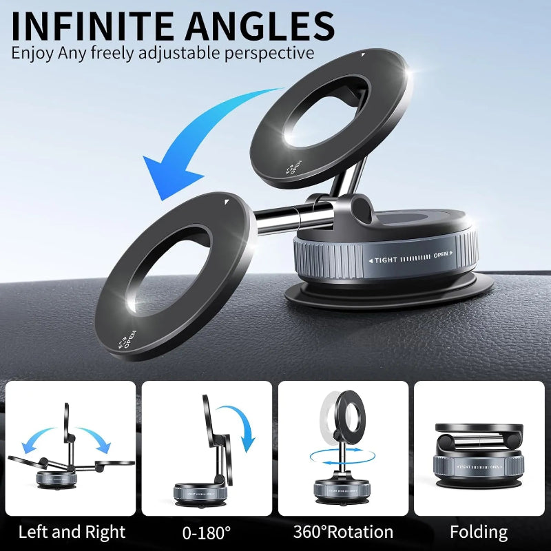 Phone holder with adjustable angles on a car dashboard, featuring text about infinite angles and adjustable perspective.