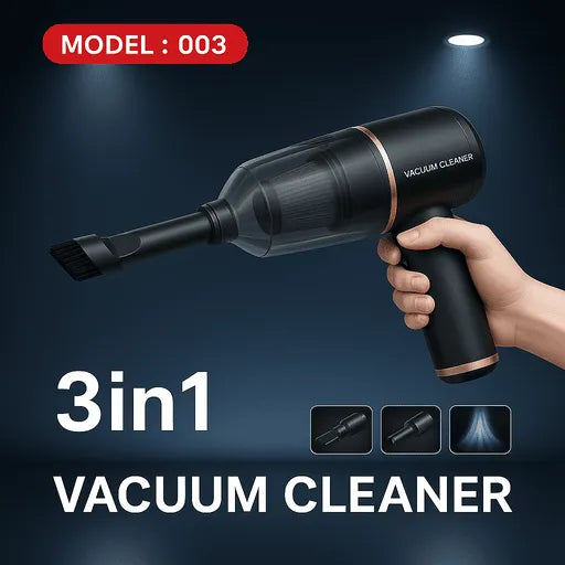Hand holding a 3-in-1 vacuum cleaner with attachments on a dark background