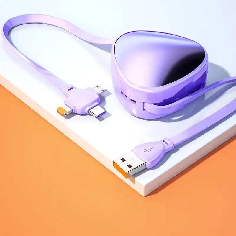 Purple charging cable and adapter on a white surface with a gradient background