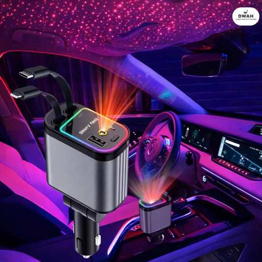 4-in-1 Fast Car Charger – Charge All Your Devices + Starry Sky Light
