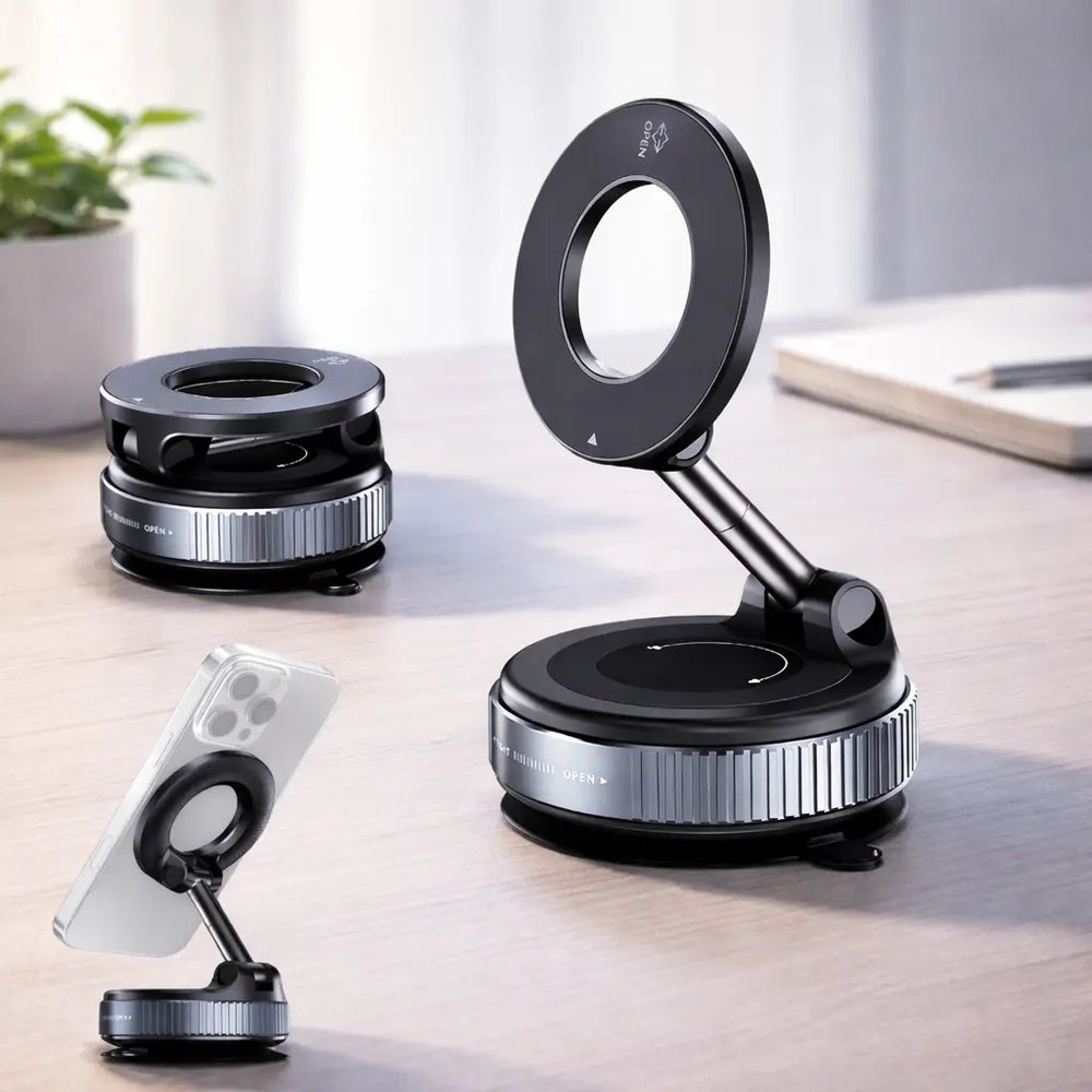 Set of adjustable phone stands on a light surface with a blurred background