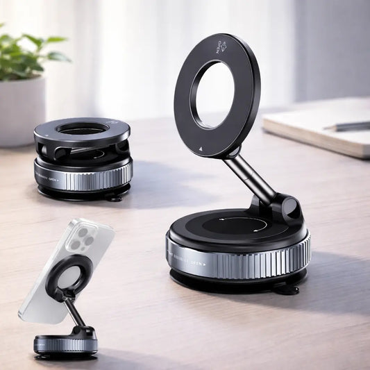 Set of adjustable phone stands on a light surface with a blurred background