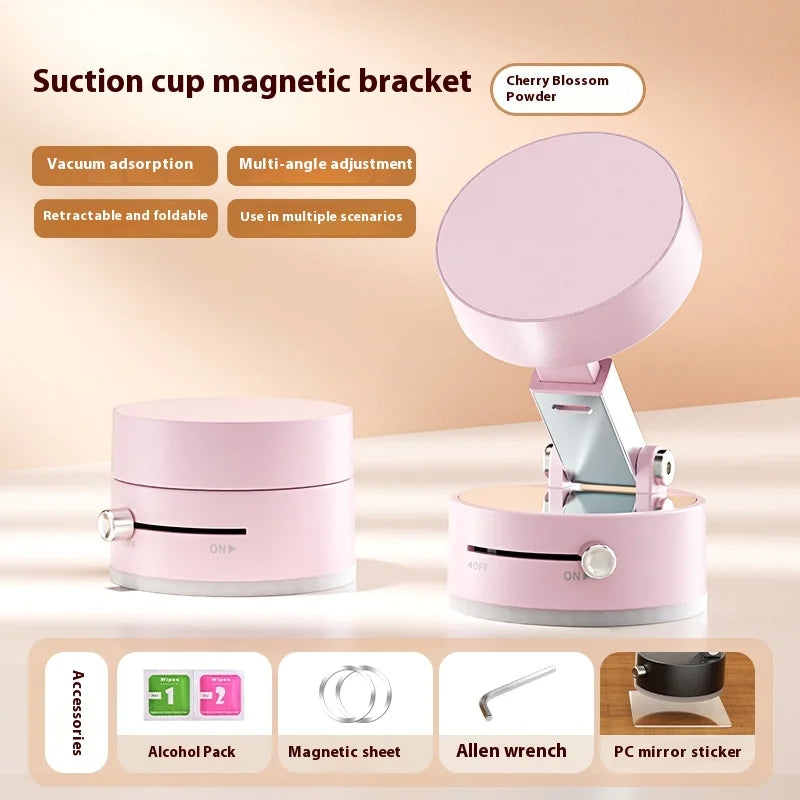 A pink foldable magnetic vacuum car phone holder with an adjustable mount on a dashboard.