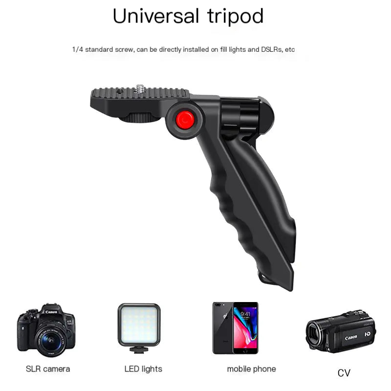 Black universal tripod with red button on a white background, featuring compatibility icons for SLR camera, LED lights, mobile phone, and CV.