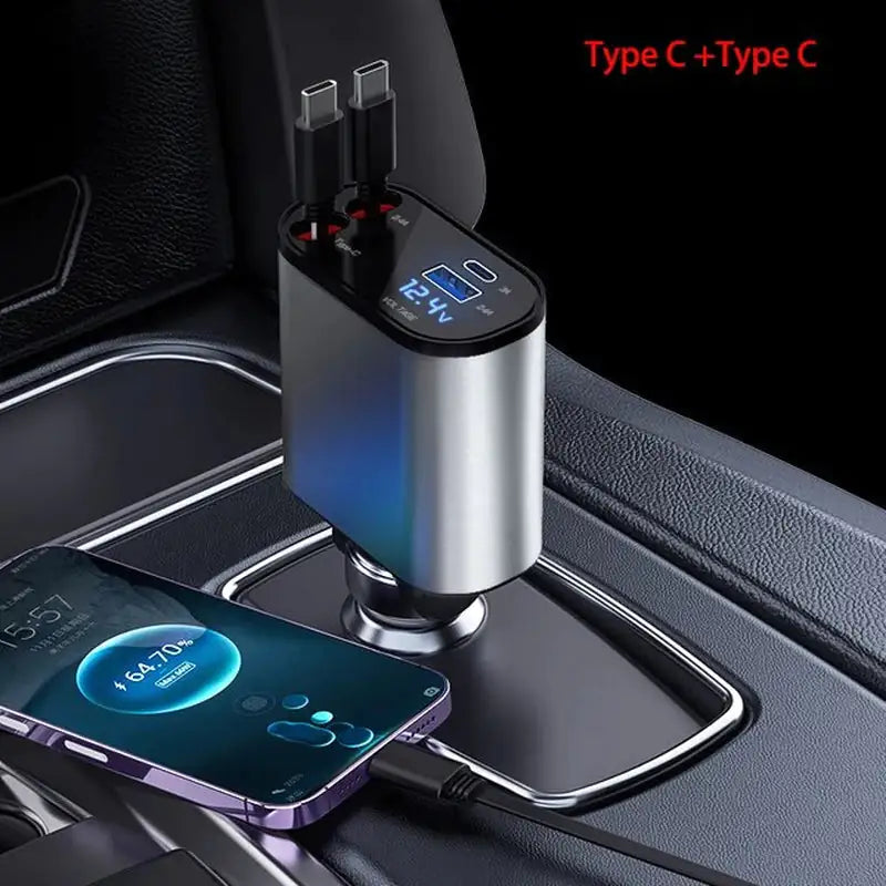 A retractable car charger with a digital display showing the charging status, plugged into a smartphone which is placed on the charging port, with a USB Type-C to Type C