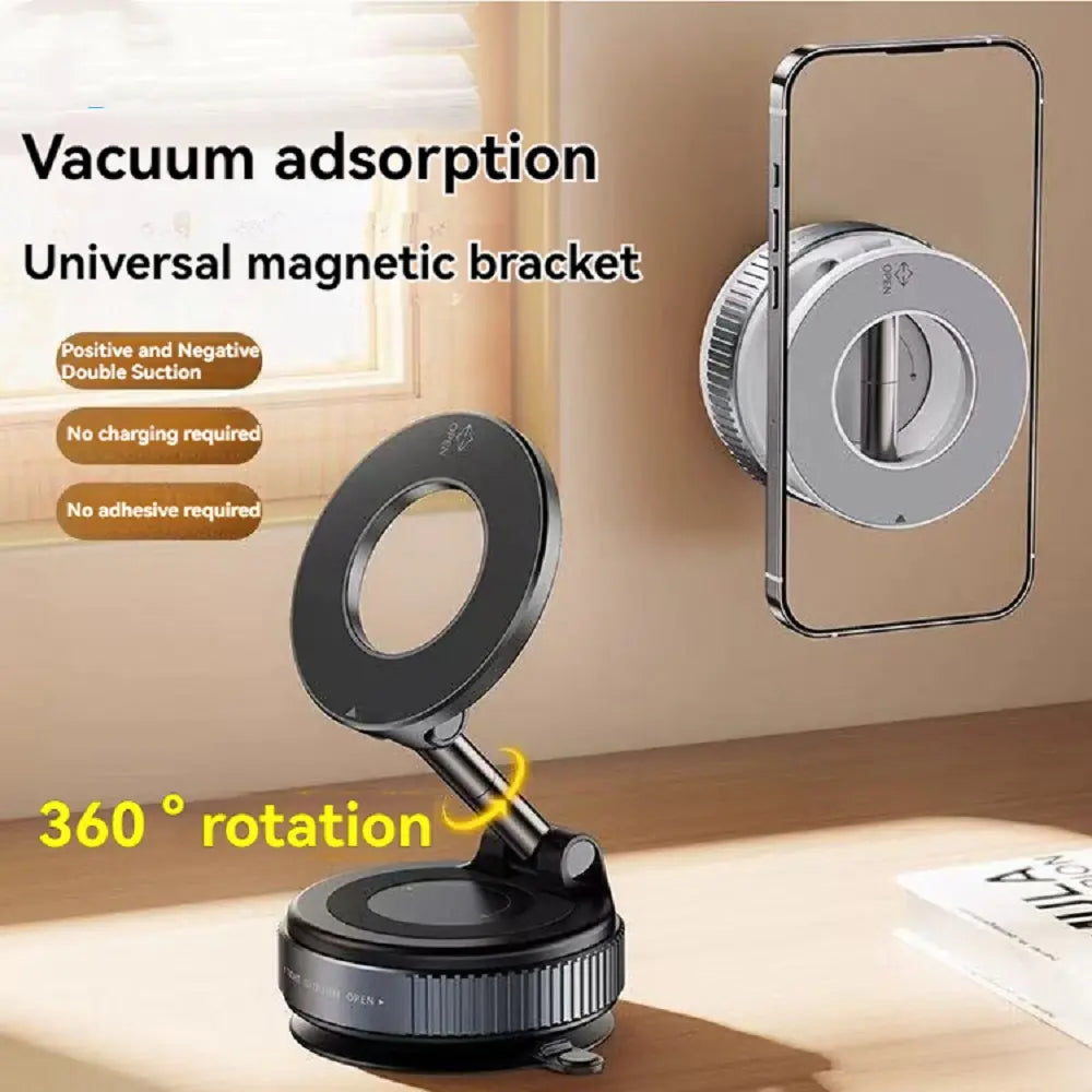 Universal magnetic bracket with vacuum adsorption feature on a desk.