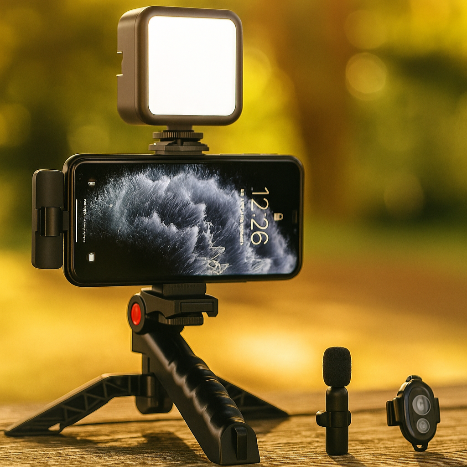 Smartphone with video lighting and microphone setup on a wooden surface with a blurred natural background