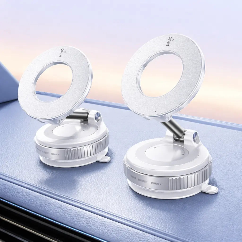 Two white ring lights on a light blue surface with a gradient background