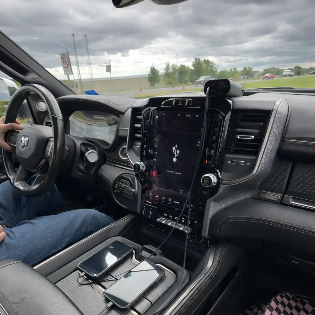 Car interior with dashboard after using 120W car charger.