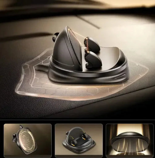 A black GripMax Universal Car Phone Holder with an anti-slip silicone pad, shown mounted on a dashboard, with additional images showing a car phone holder with a suction mount and compatible with various smartphone models.