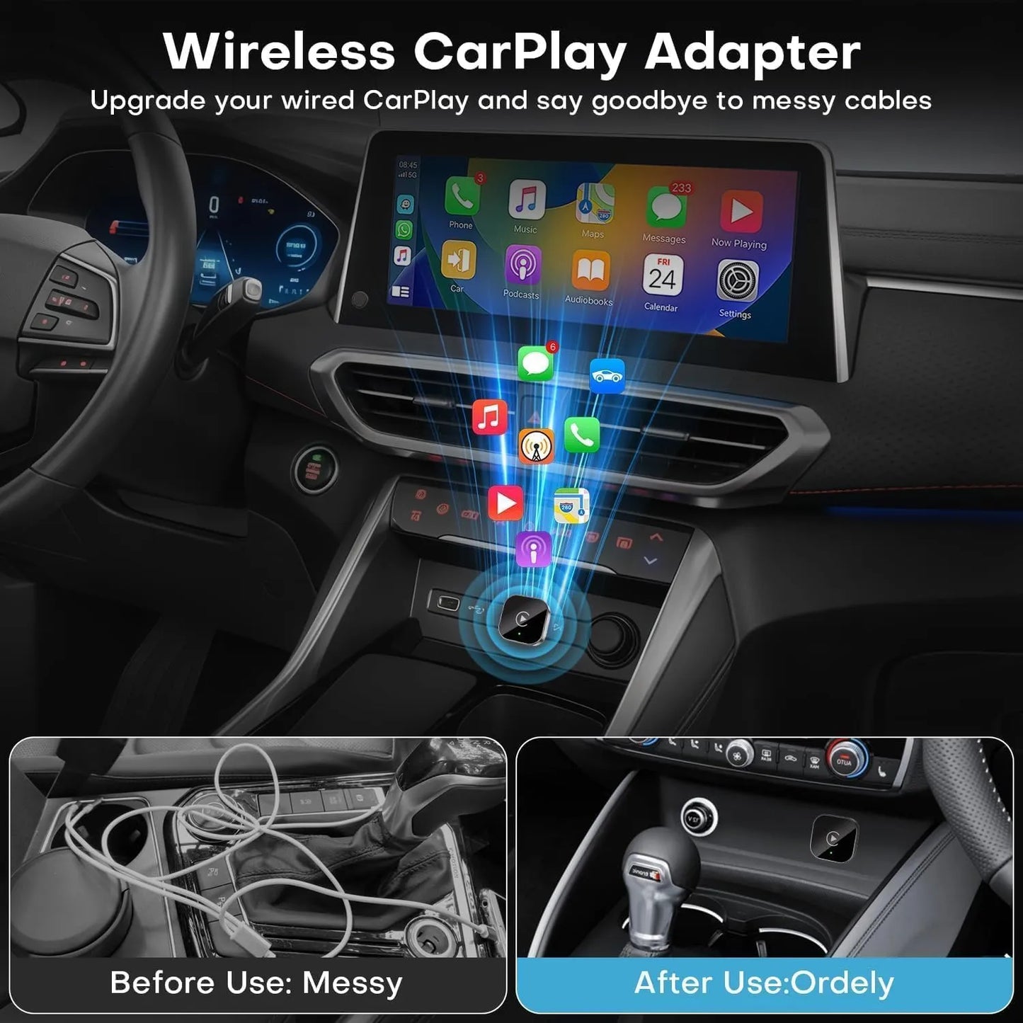 Wireless CarPlay adapter in a car dashboard with before and after usage illustrations.